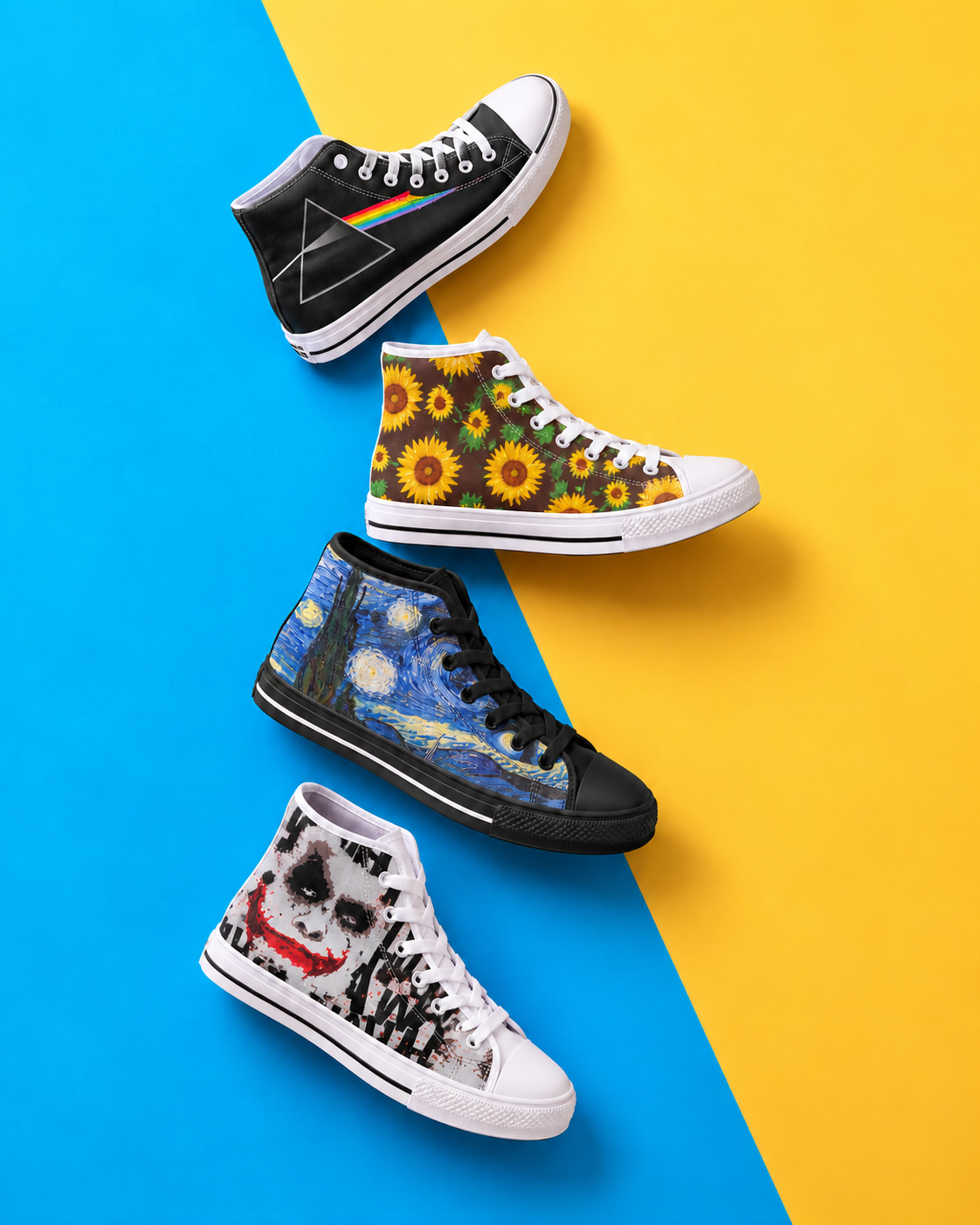 Crake high-top printed canvas sneakers on a blue and yellow background