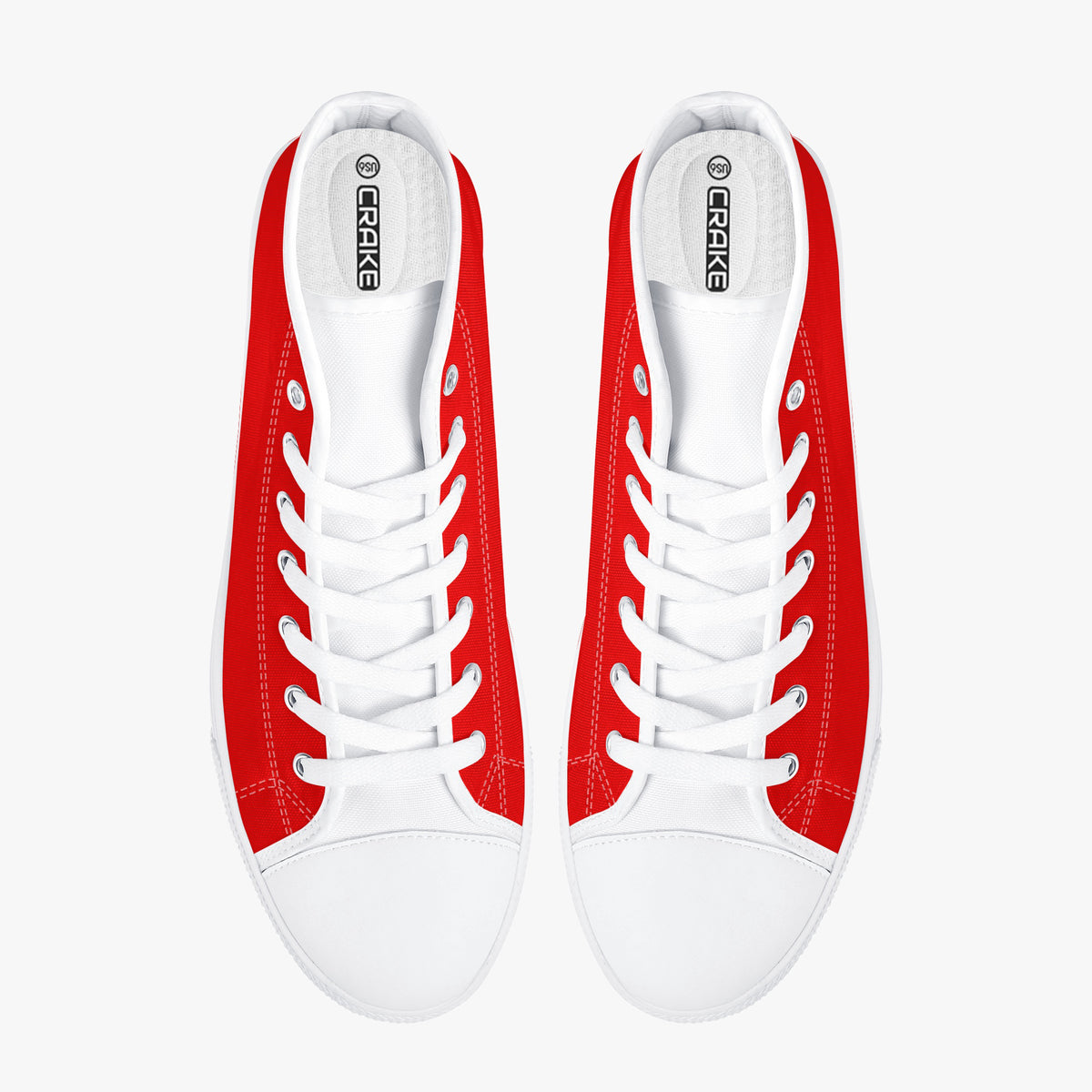 Top view of Crake High Top Red Sneaker pair with white laces