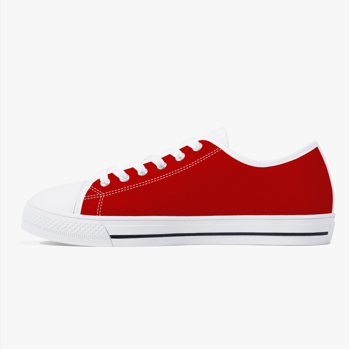 Crake Low Top Red Sneaker with white toe cap and sole, side view