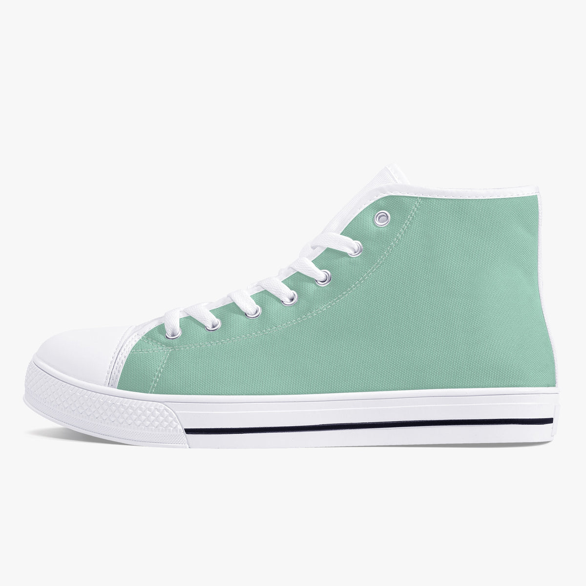 Crake High Top Mint Sneaker with white toe cap and sole, side view
