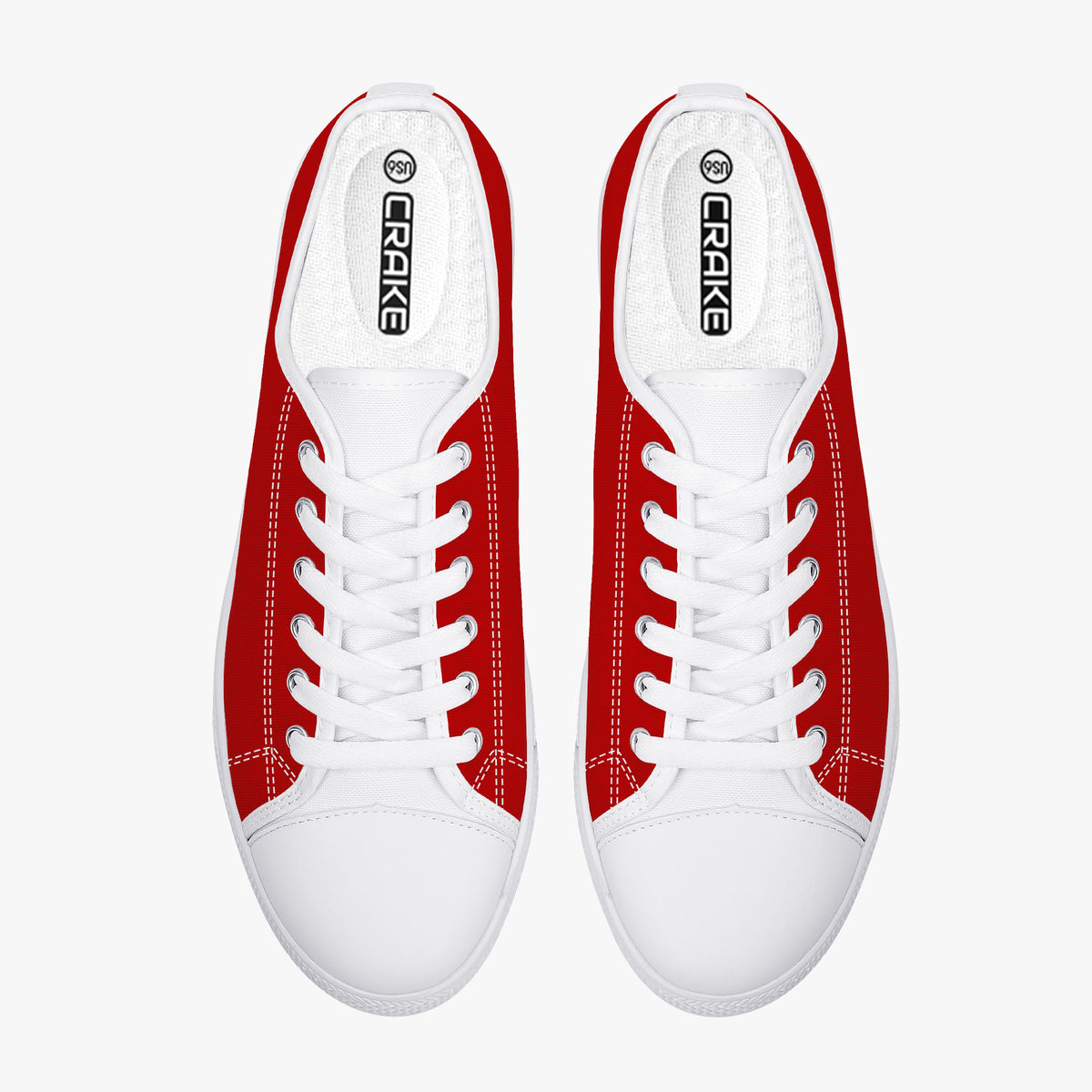 Top view of Crake Low Top Red Sneaker pair with white laces