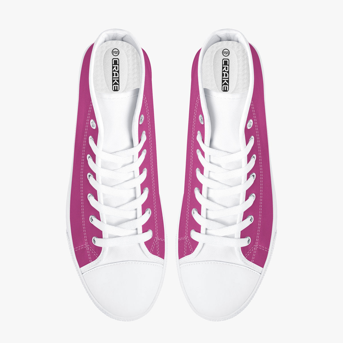 Top view of Crake High Top Magenta Sneaker pair with white laces