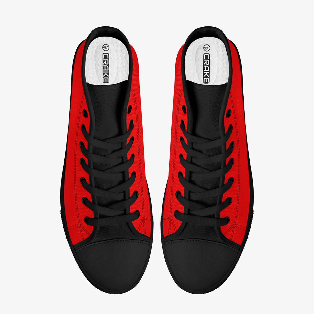 Top view of Crake High Top Red Sneaker pair with black laces
