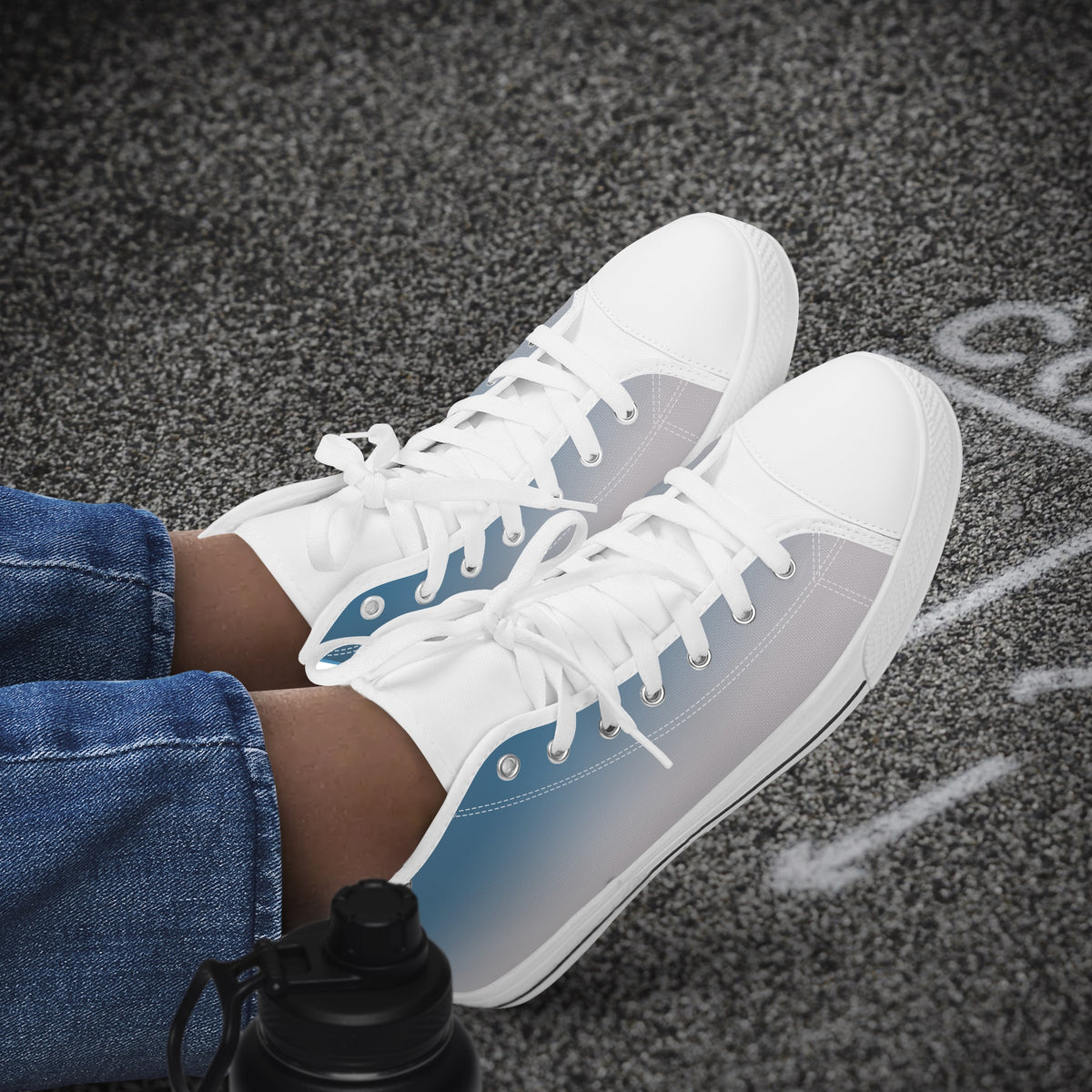 Crake High Top Sky Sneaker with white trim worn with jeans outdoors