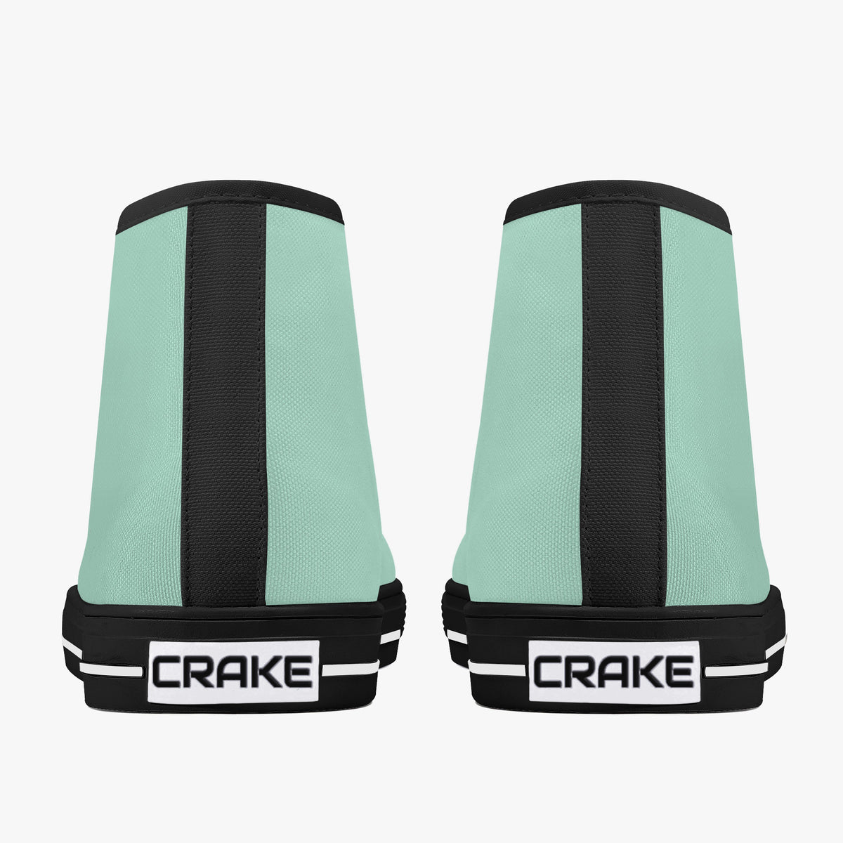Rear view of Crake High Top Mint Sneaker pair with black heel stripe and Crake logo