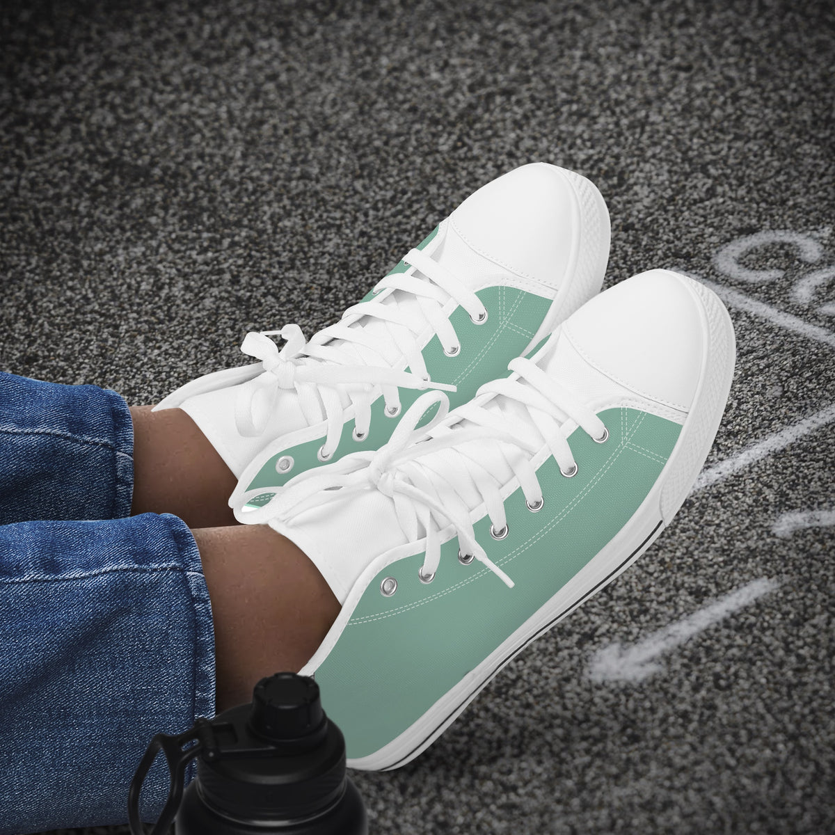Crake High Top Mint Sneaker with white trim worn with jeans outdoors