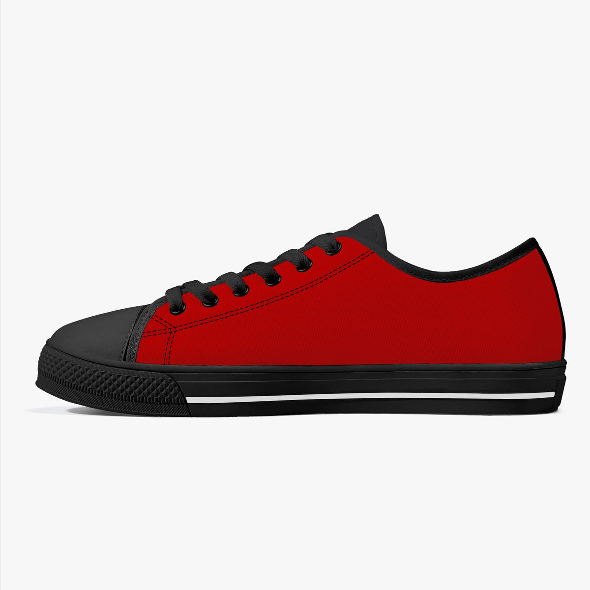 Crake Low Top Red Sneaker with black toe cap and sole, side view