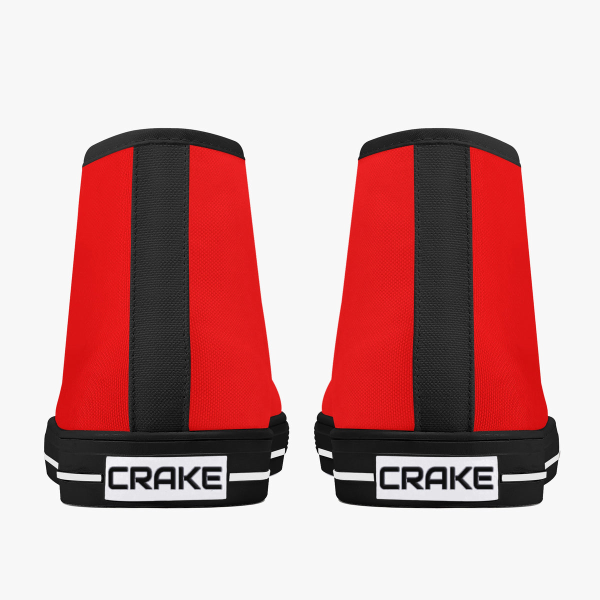 Rear view of Crake High Top Red Sneaker pair with black heel stripe and Crake logo
