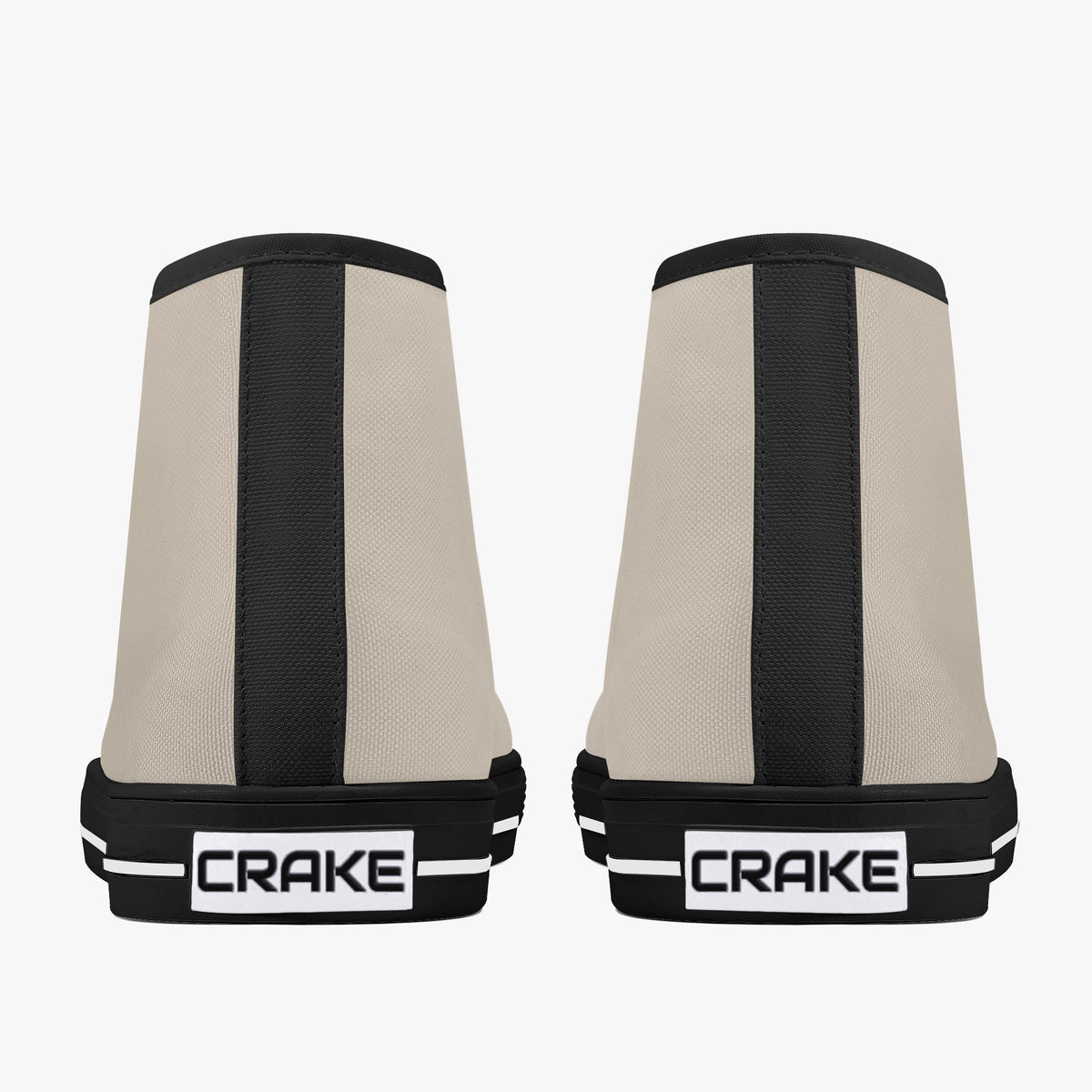Rear view of Crake High Top Mushroom Grey Sneaker pair with black heel stripe and Crake logo