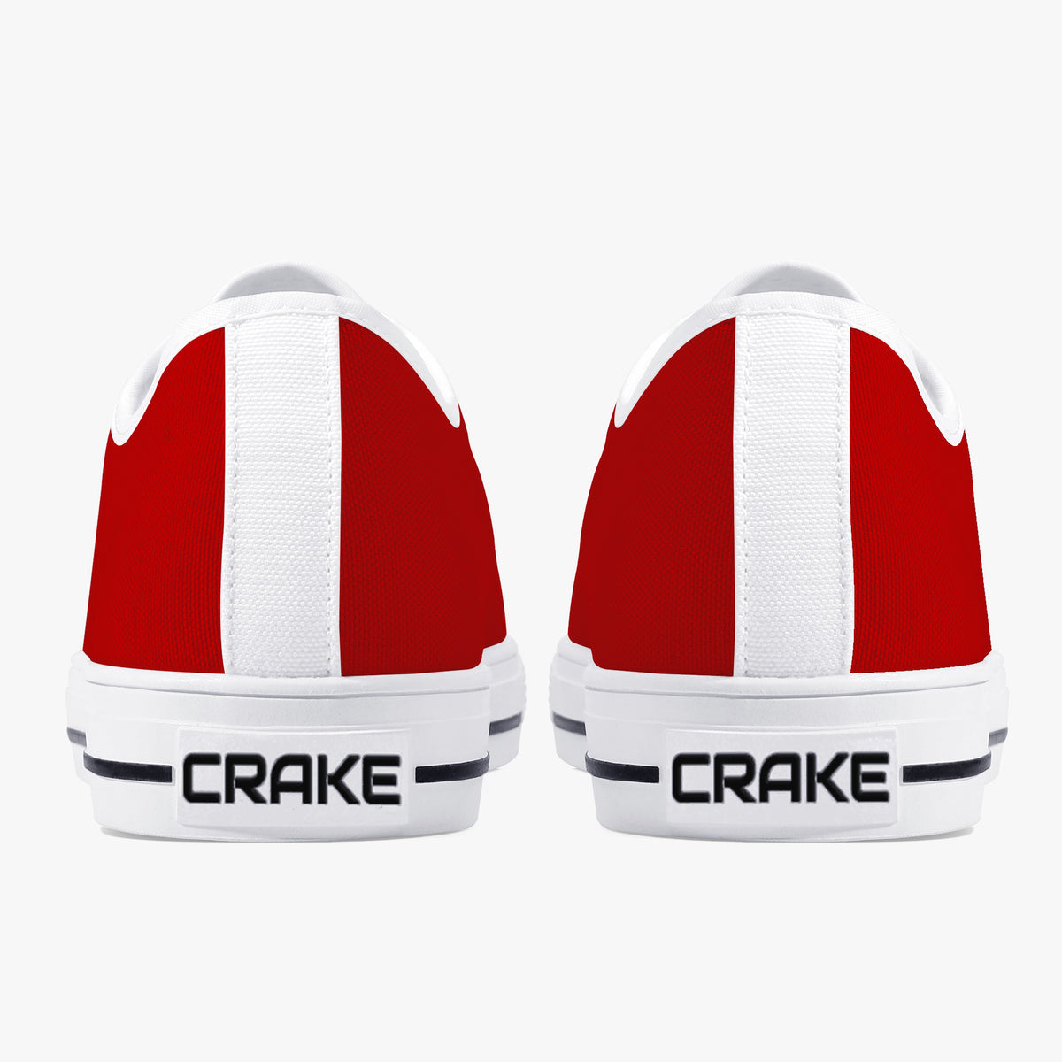 Rear view of Crake Low Top Red Sneaker pair with white heel stripe and Crake logo