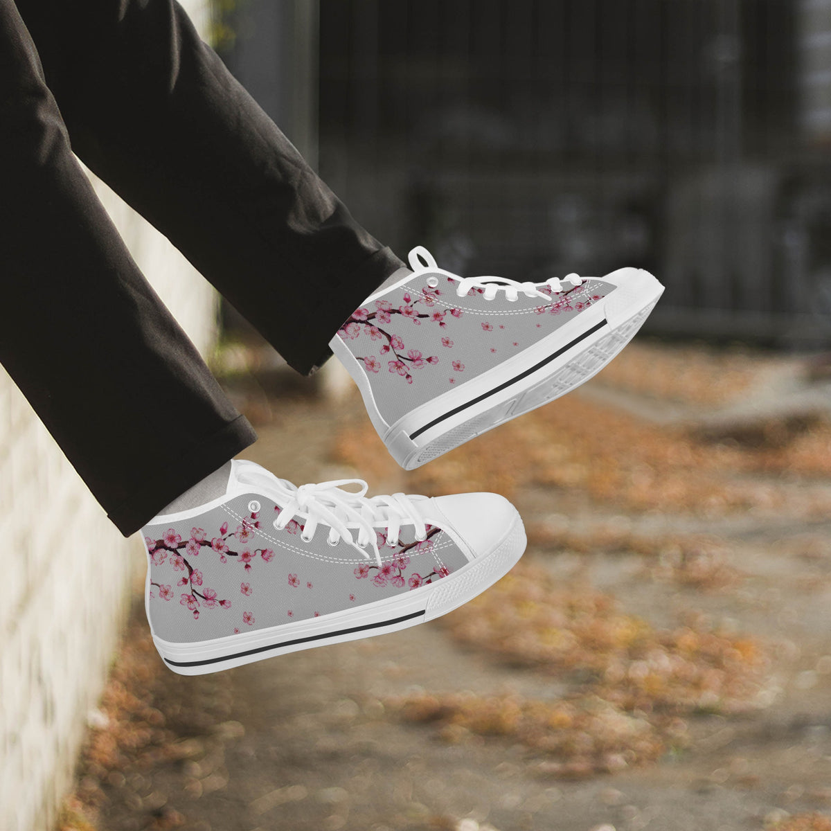 Crake High Top Sakura Tree Grey laced custom prints canvas shoes