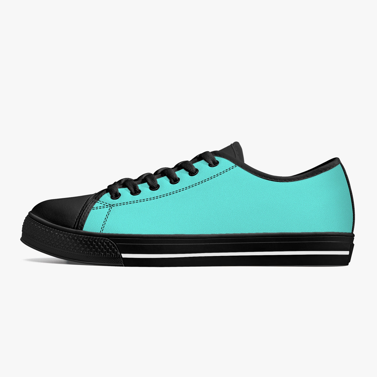 Crake Low Top Teal Sneaker with black toe cap and sole, side view