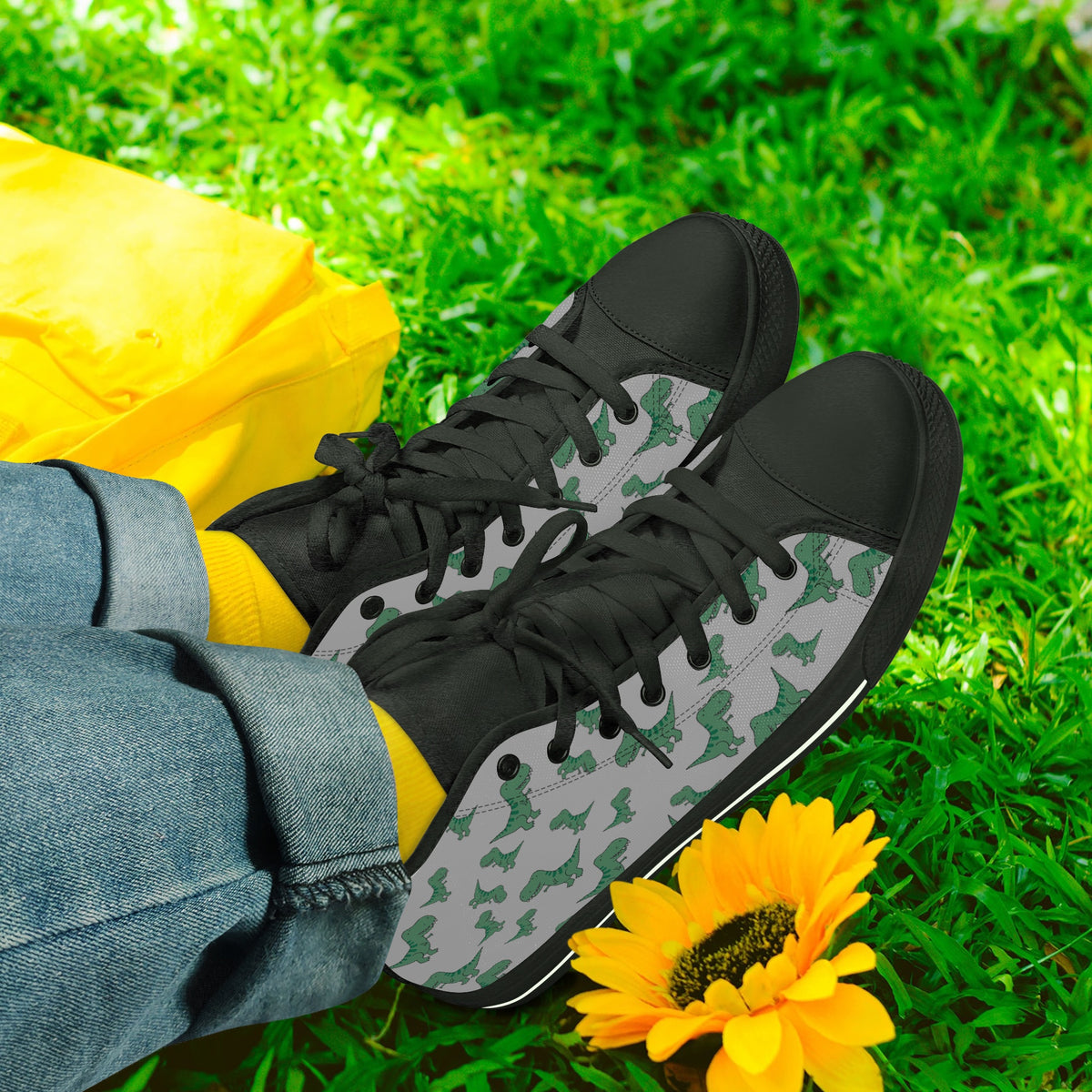 Crake High Top Green Dinosaurs laced custom prints canvas shoes