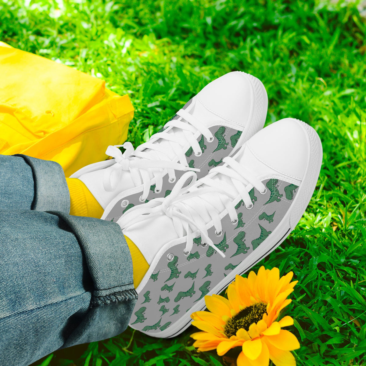 Crake High Top Green Dinosaurs laced custom prints canvas shoes