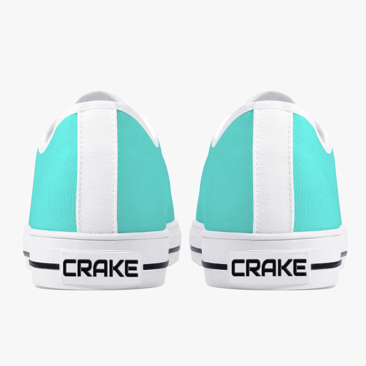 Rear view of Crake Low Top Teal Sneaker pair with white heel stripe and Crake logo