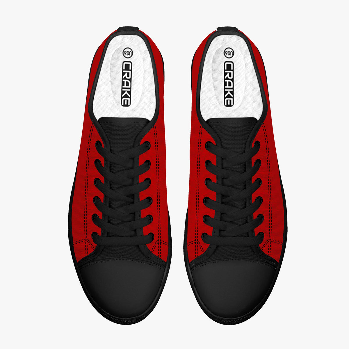 Top view of Crake Low Top Red Sneaker pair with black laces