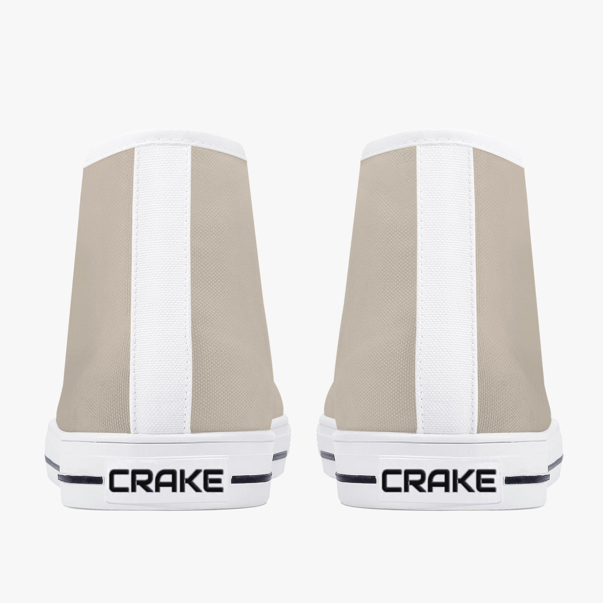 Rear view of Crake High Top Mushroom Grey Sneaker pair with white heel stripe and Crake logo