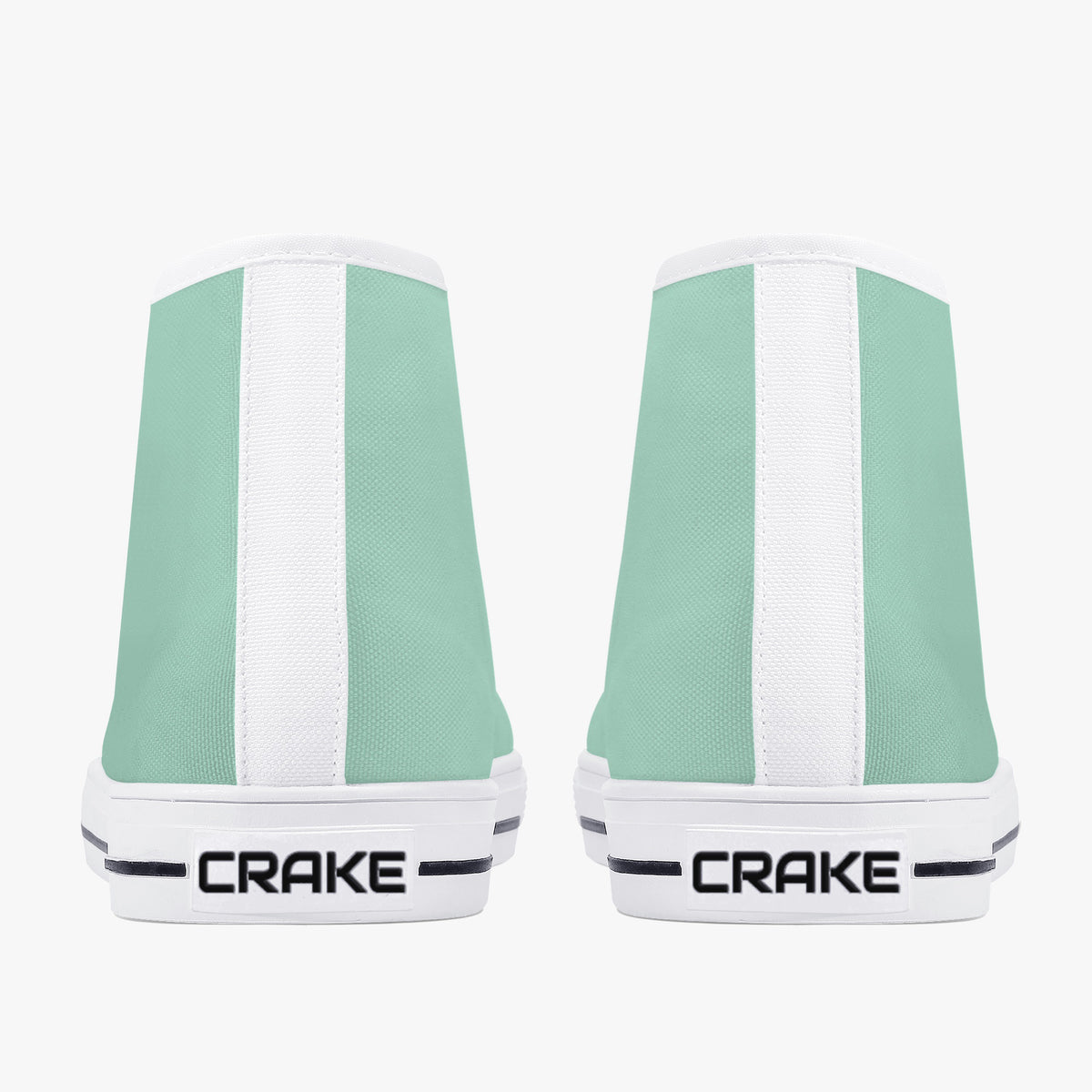 Rear view of Crake High Top Mint Sneaker pair with white heel stripe and Crake logo
