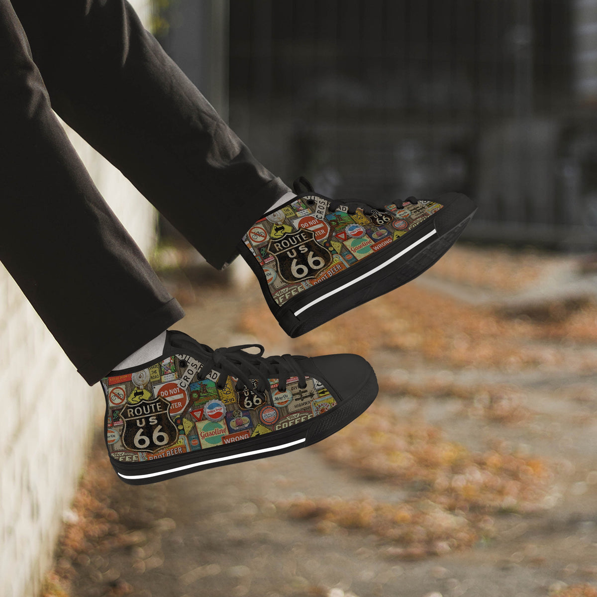Crake High Top Route 66 laced custom prints canvas shoes