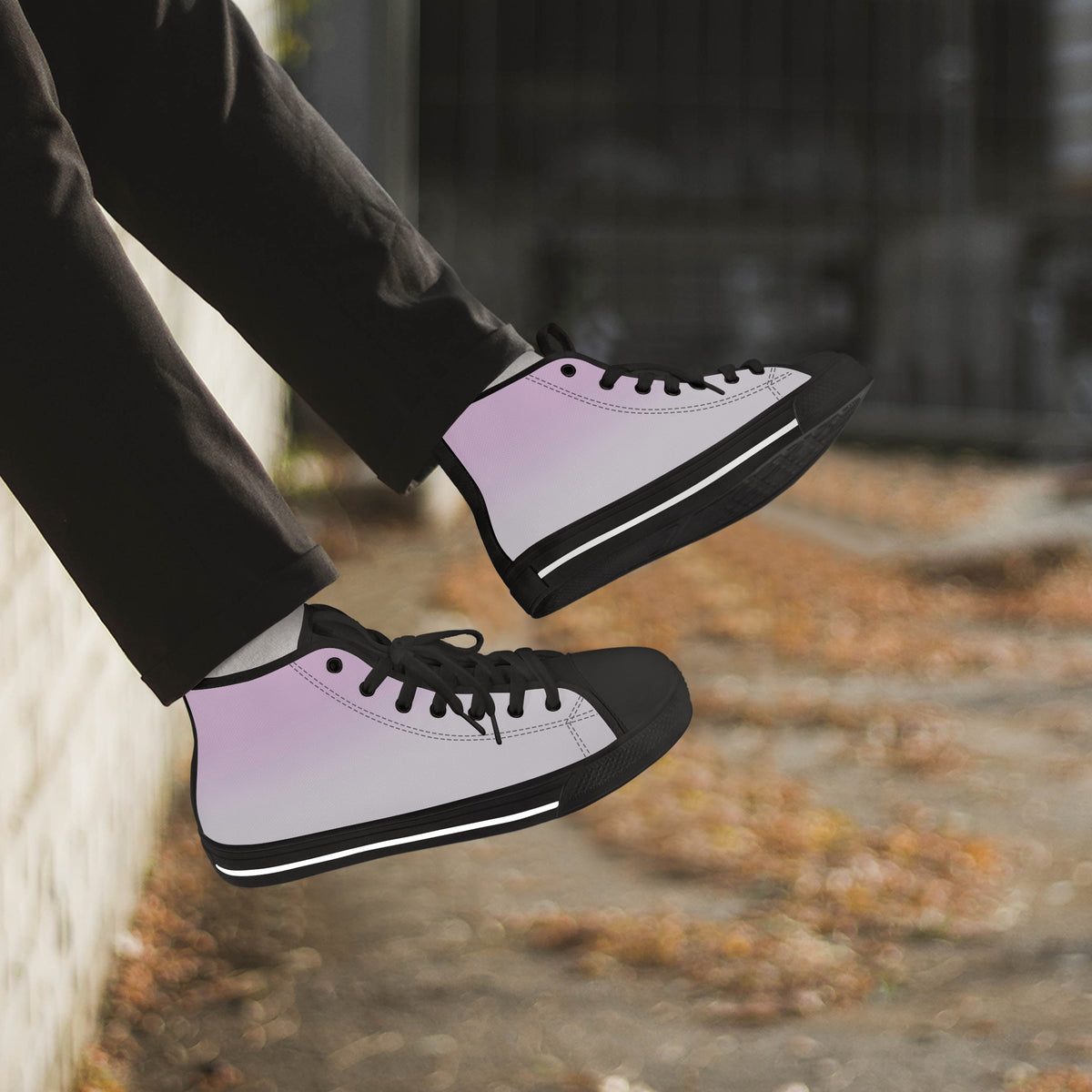Crake High Top Light Purple Sneaker with black trim worn with dark trousers outdoors